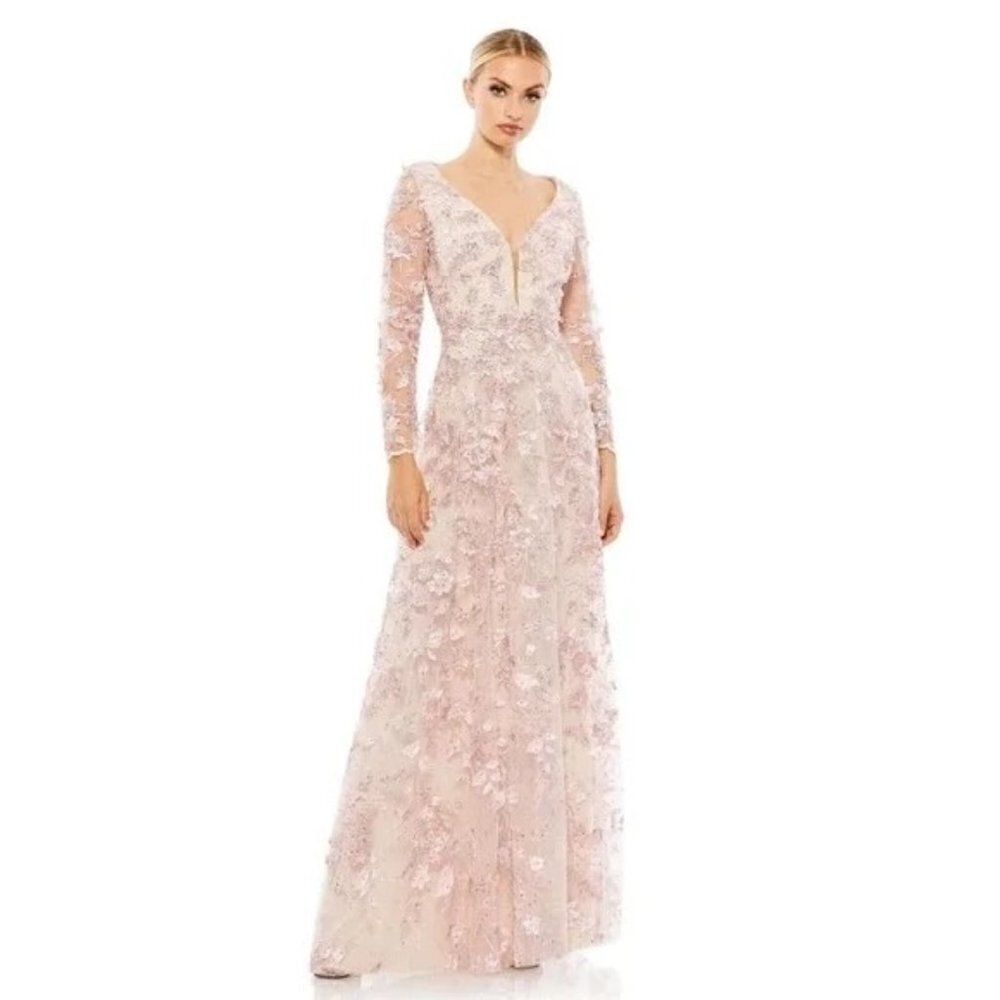 Mac Duggal 67483 Rose Pink Floral Applique Long Sleeve Illusion Gown Size 8 NWT